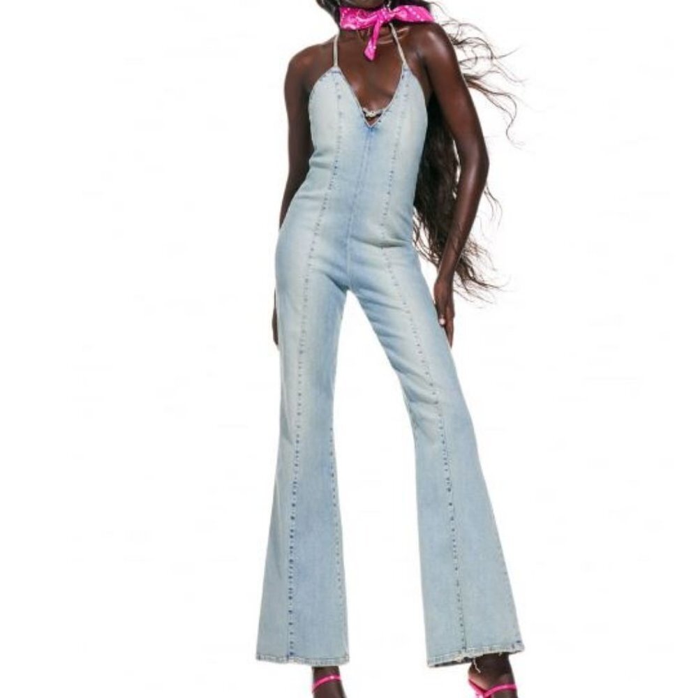 NEW Zara Barbie The Movie Denim Halter Flare Leg Jumpsuit Sz XS